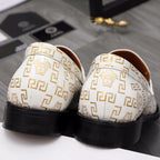 Versace luxury shoes, white logo loafers from back view with black rubber sole