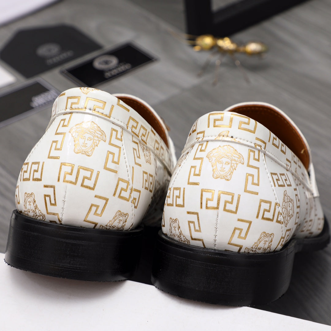 Versace luxury shoes, white logo loafers from back view with black rubber sole