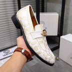 Versace luxury shoes, white slip-on loafers with gold crest medallion and logo trim