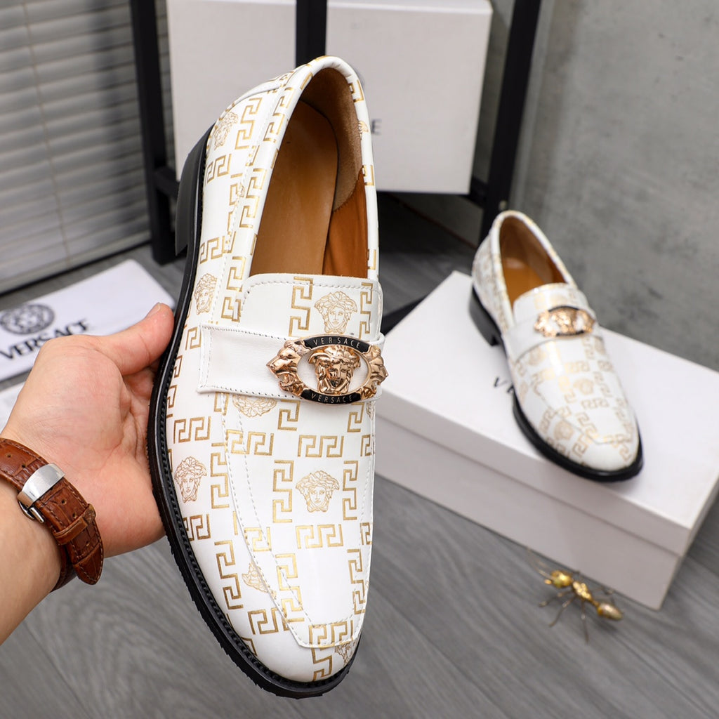 Versace luxury shoes, white patterned loafers with gold crest emblem and side strap