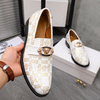 Versace luxury shoes, white patterned loafers with gold crest emblem and side strap