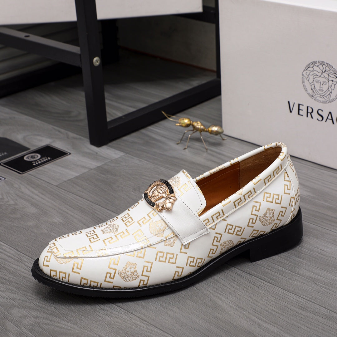 Versace luxury shoes, white slip-on loafers with gold buckle detail and logo print