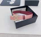 Pink Chanel belt with gold-tone CC buckle, jeweled detail, and two-tone keeper straps
