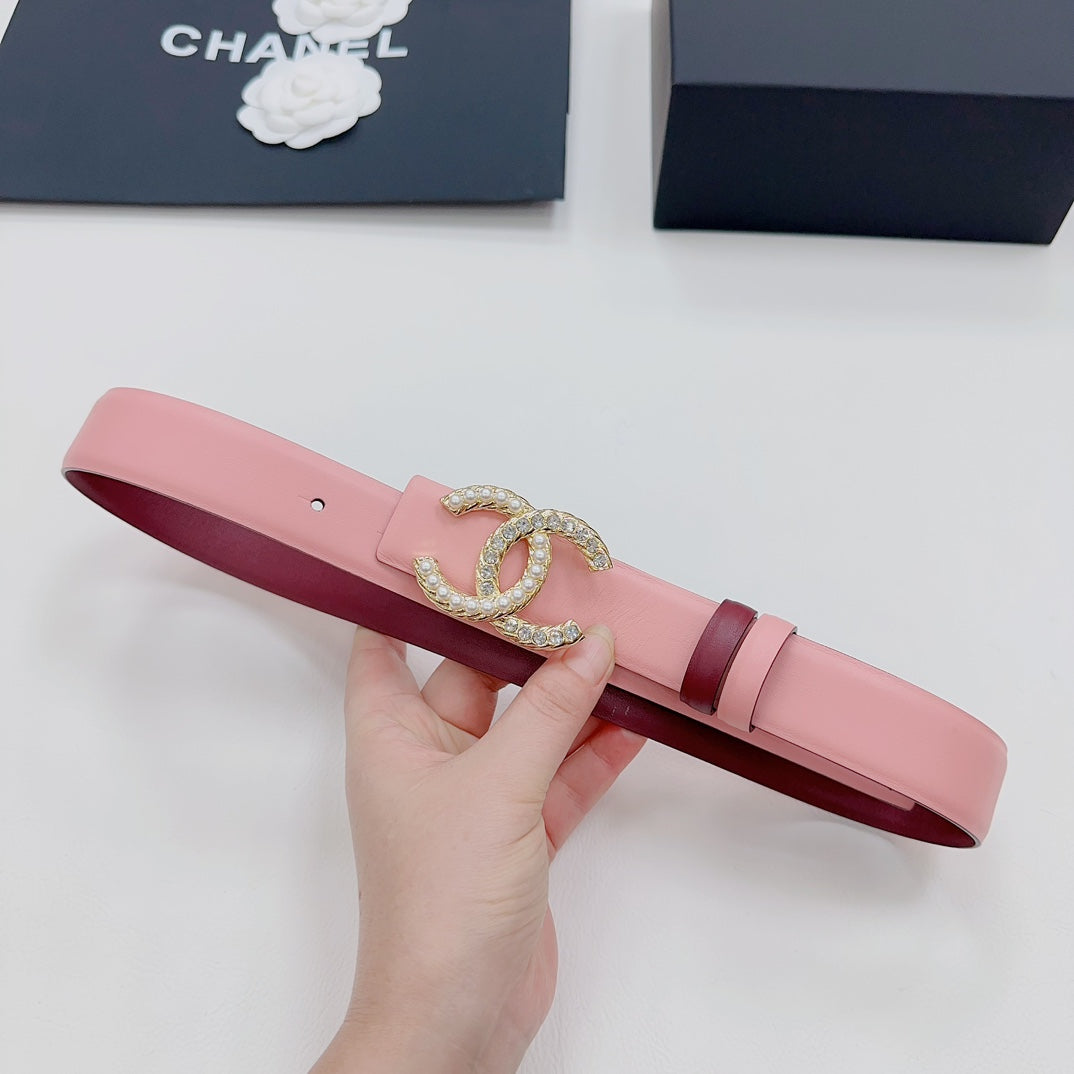 Pink Chanel belt with gold-tone embellished CC buckle and double keeper strap