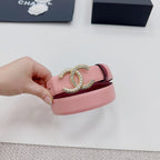 Pink Chanel belt with jeweled gold-tone CC buckle on the front center