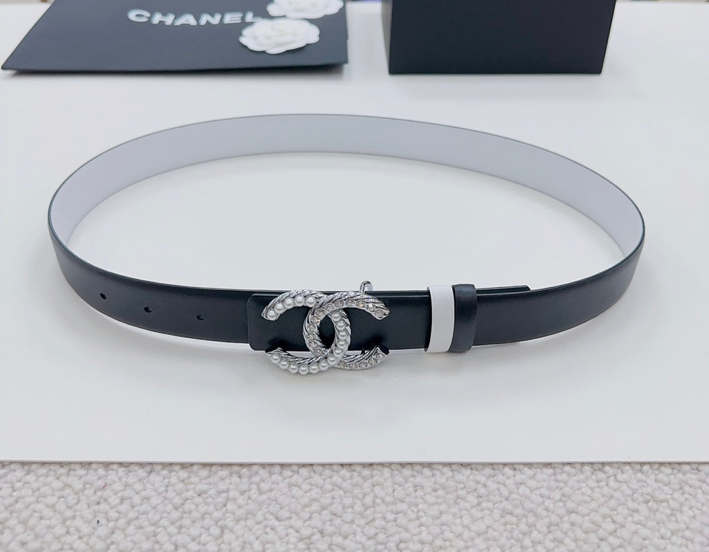 Dark leather belt with silver rhinestone CC buckle and light lining
