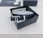 Dark leather belt with silver rhinestone CC buckle and silver buckle bars