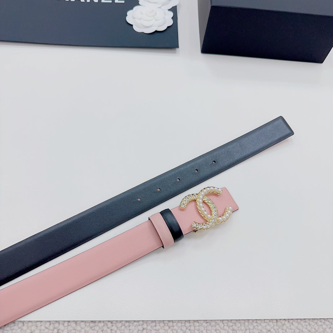 Long dark-blue belt with pink center strip and gold faux-pearl double C buckle