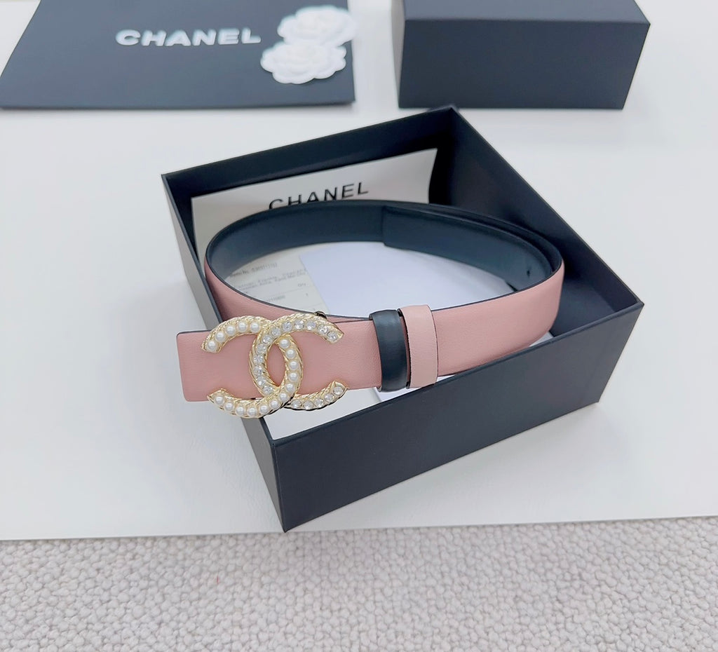 Pink leather belt with gold faux-pearl double C buckle and dark end strap
