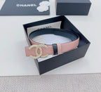 Pink leather belt with gold faux-pearl double C buckle and dark end strap