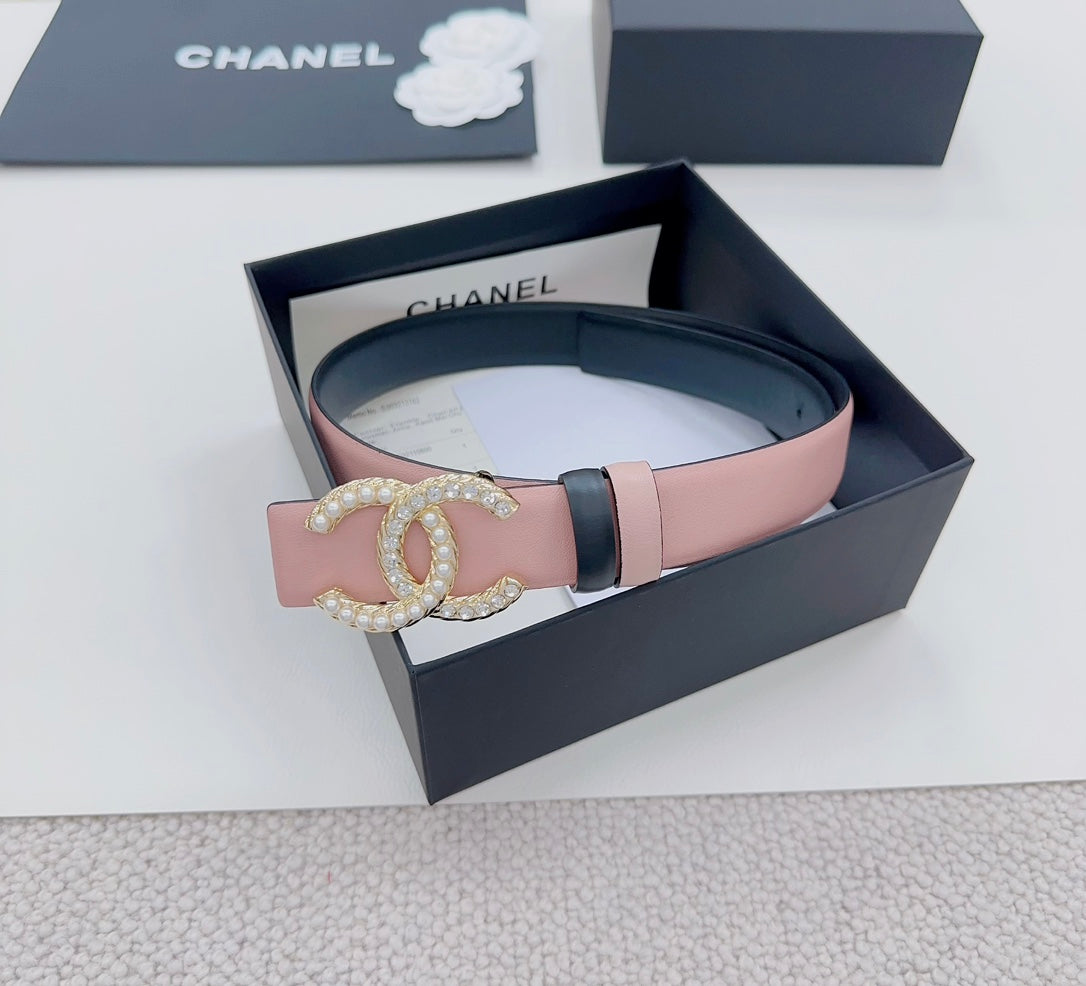 Pink leather belt with gold faux-pearl double C buckle and dark end strap
