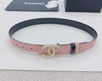 Pink leather belt with dark edge, gold faux-pearl double C buckle, and punched holes