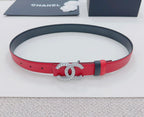 Chanel leather belt, red with silver CC buckle, black edge and keepers.