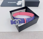 Chanel belt with purple leather strap, pink edge stripe, and silver-tone CC buckle
