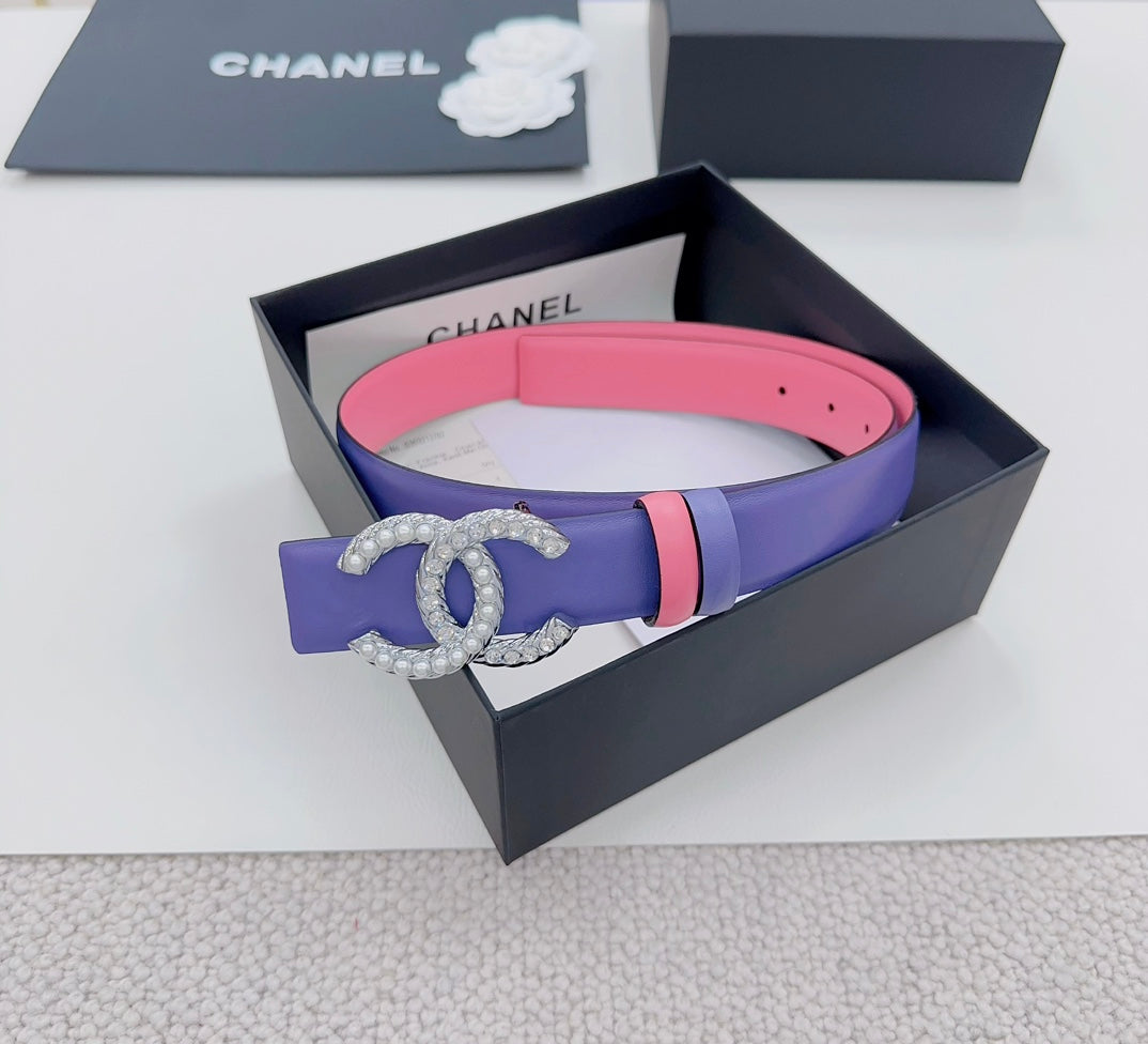 Chanel belt with purple leather strap, pink edge stripe, and silver-tone CC buckle