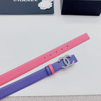 Chanel belt close-up: purple and pink straps with silver-tone CC logo buckle