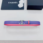 Chanel belt flat view: purple leather with pink underside, silver-tone CC buckle
