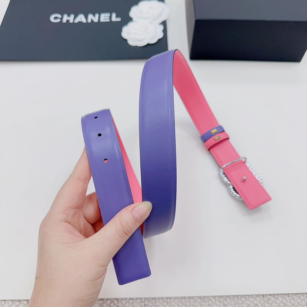 Chanel belt strap set: wide purple leather with pink underside and CC buckle