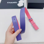 Chanel belt strap set: wide purple leather with pink underside and CC buckle