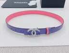 Chanel belt on display: purple strap with pink center edge and silver-tone CC buckle