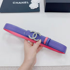 Chanel belt laid flat: purple strap with pink trim and sparkling silver-tone CC buckle