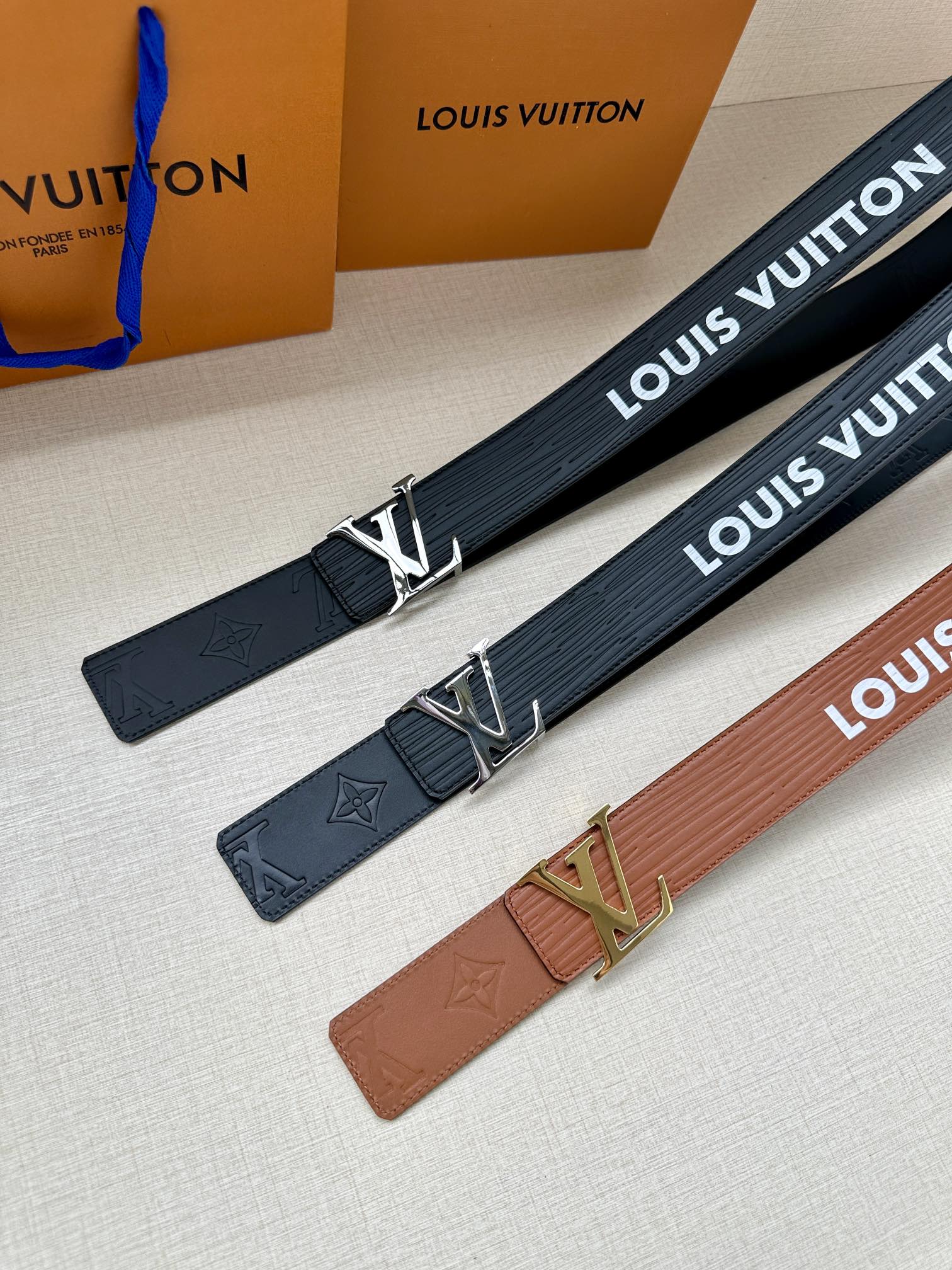 Louis Vuitton belts set with dark and brown embossed straps and LV buckle hardware