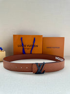 Louis Vuitton monogram leather belt with dark blue LV buckle and stitched edge