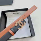 Chanel belt on insert: tan body and dark strap with embellished gold-tone CC buckle