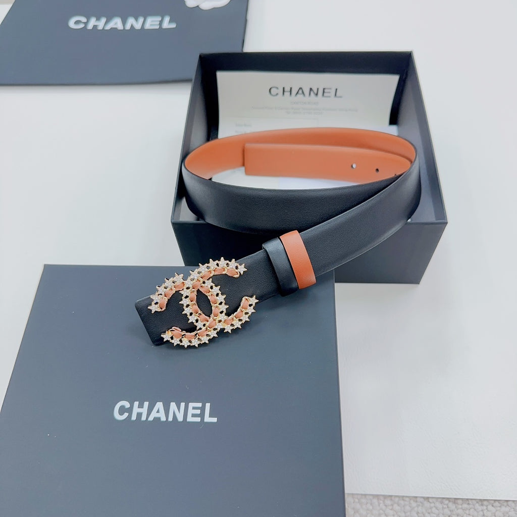 Chanel belt in box: tan and dark leather belt with ornate gold-tone CC buckle