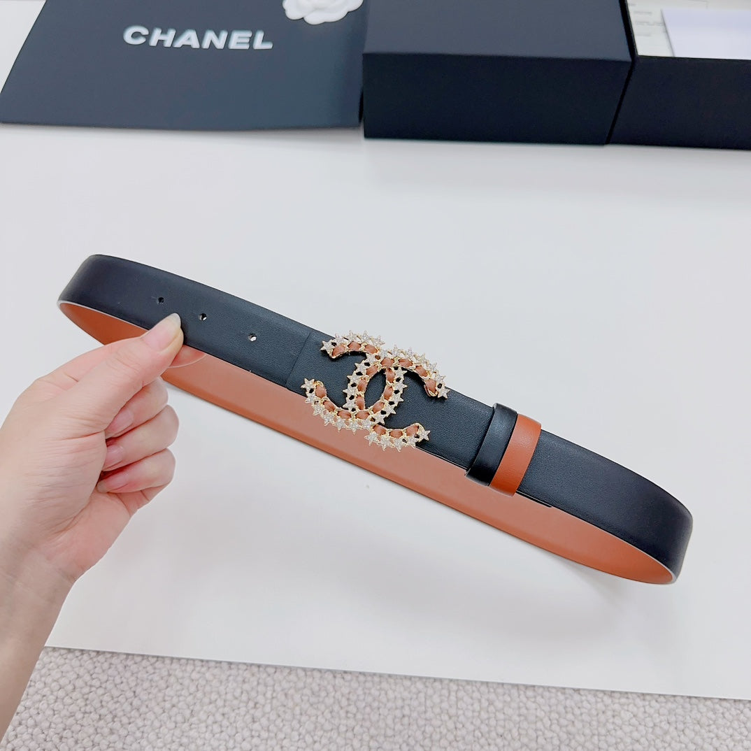 Chanel belt: tan body and dark strap with jeweled-looking gold-tone CC buckle