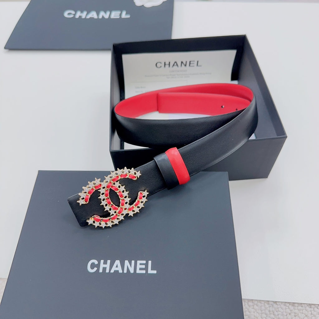 Chanel leather belt in red and black with jeweled logo buckle