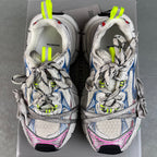 Unisex sneakers back view, white collars with BALENCIAGA logo, neon green lace tabs