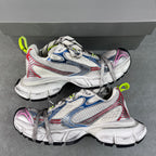 Unisex sneakers angled view, white uppers with blue/red/pink trim and neon green laces