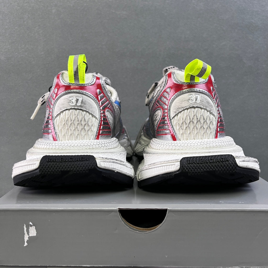Unisex sneakers back view, white mesh heel panels with red/pink trim, neon green tabs