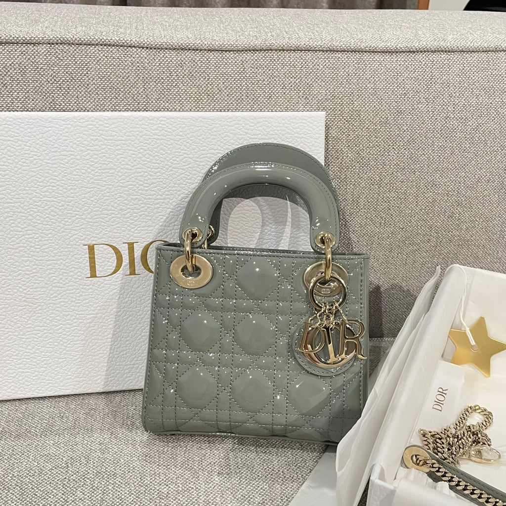 Dior handbag, sage green quilted patent leather, top handle, gold-tone hardware