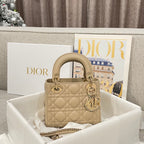 Beige quilted Dior mini bag with chain strap and gold-tone hardware