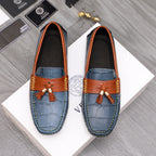 Versace blue tassel loafers with orange trims and gold-tone buckle details