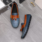 Versace blue tassel loafers with orange trim, showing front and side views
