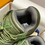 Green trainer sneaker collar and tongue, gray lining and lace-up detail