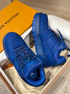 Louis Vuitton trainer shoes, blue with rugged sole tread and lace-up closure