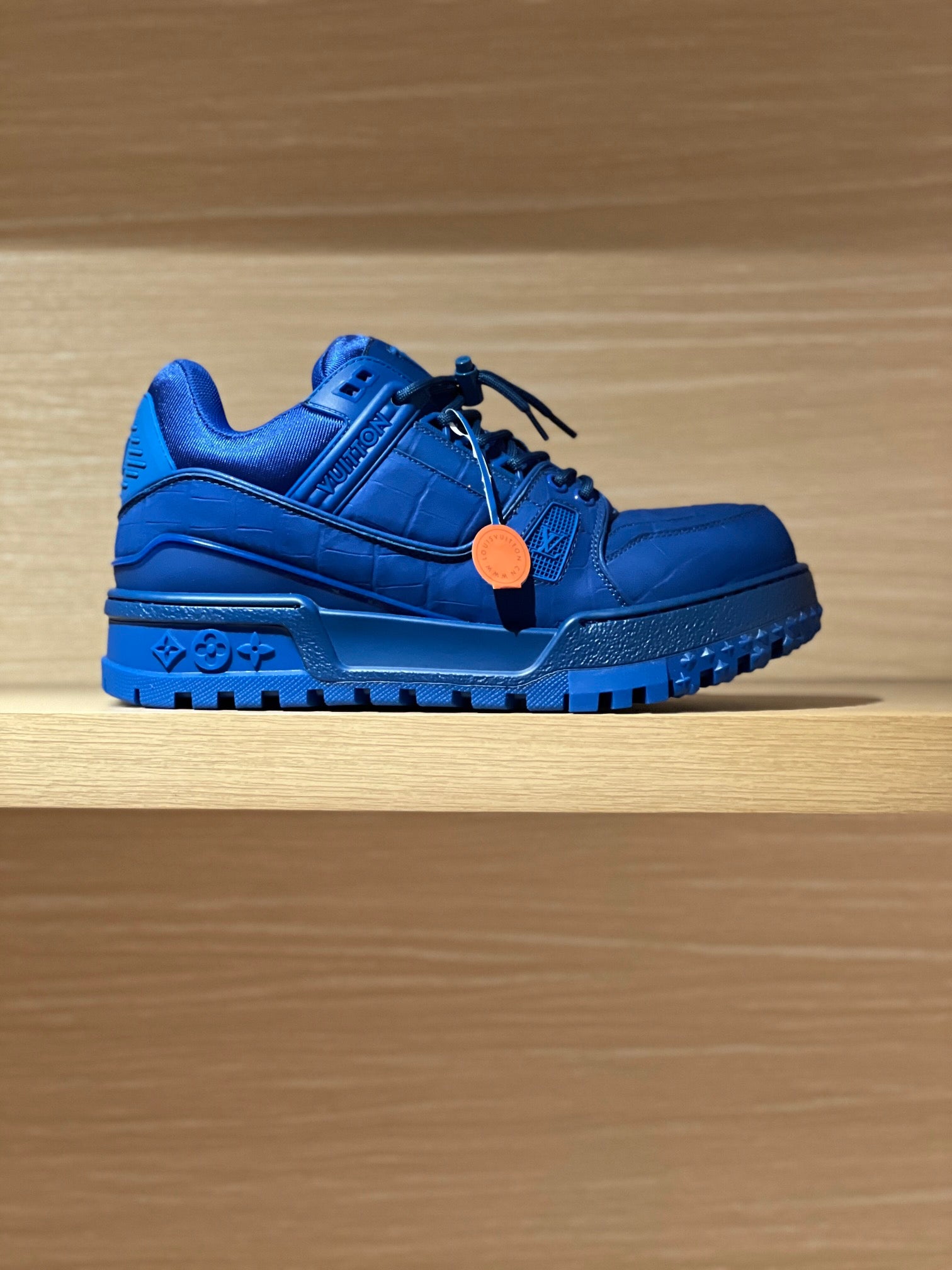 Louis Vuitton trainer shoes, bright blue lace-up with orange pull tab