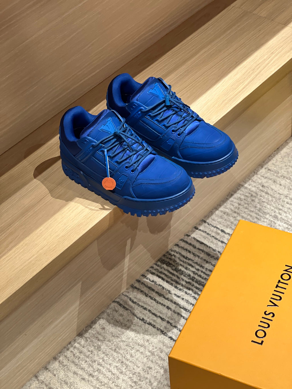 Louis Vuitton trainer shoes, bright blue with chunky tread and lace-up upper