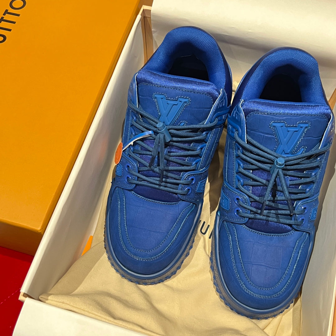 Louis Vuitton trainer shoes, blue leather with lace-up and side LV emblem