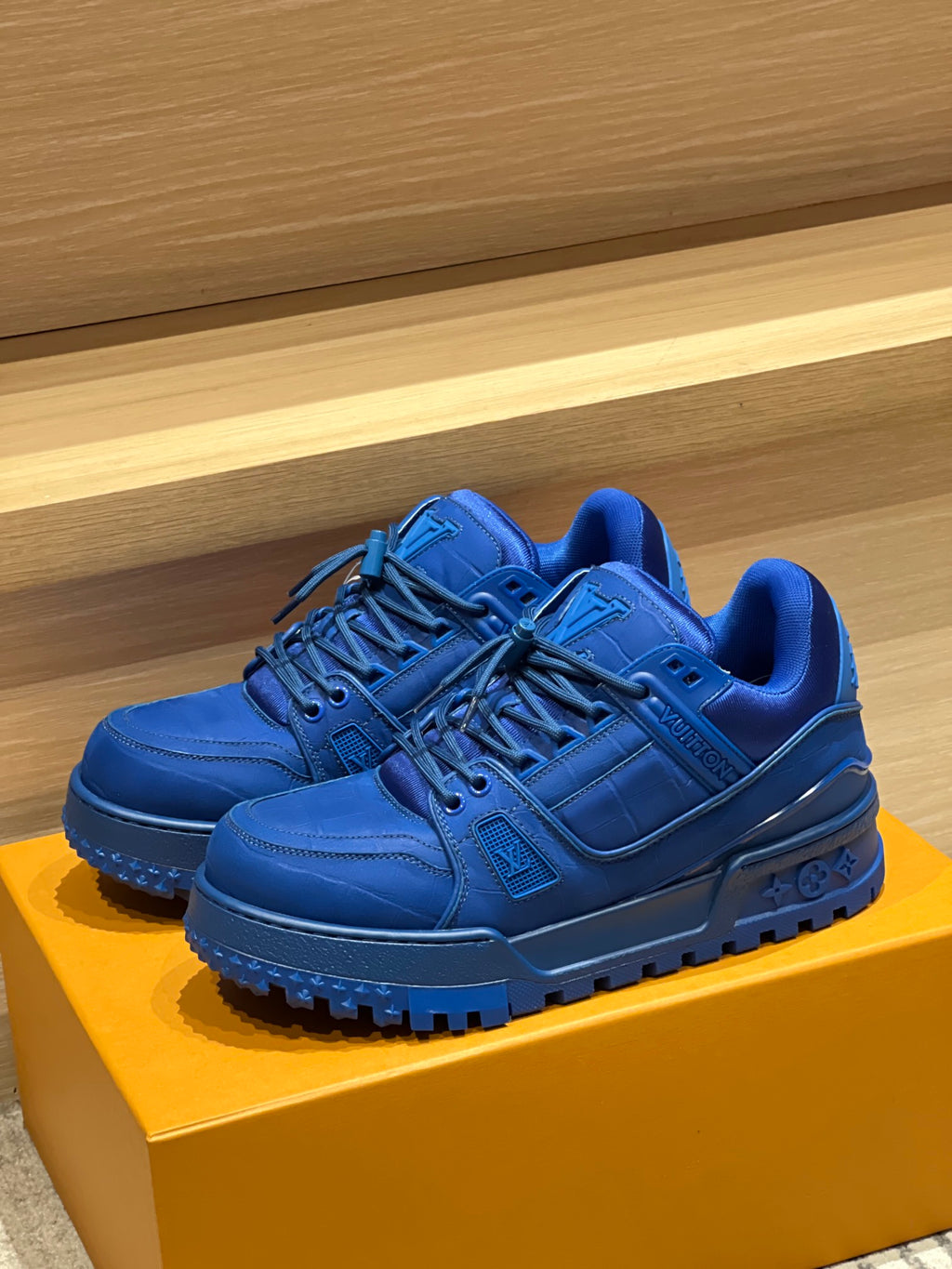 Louis Vuitton trainer shoes, blue leather lace-up with chunky outsole