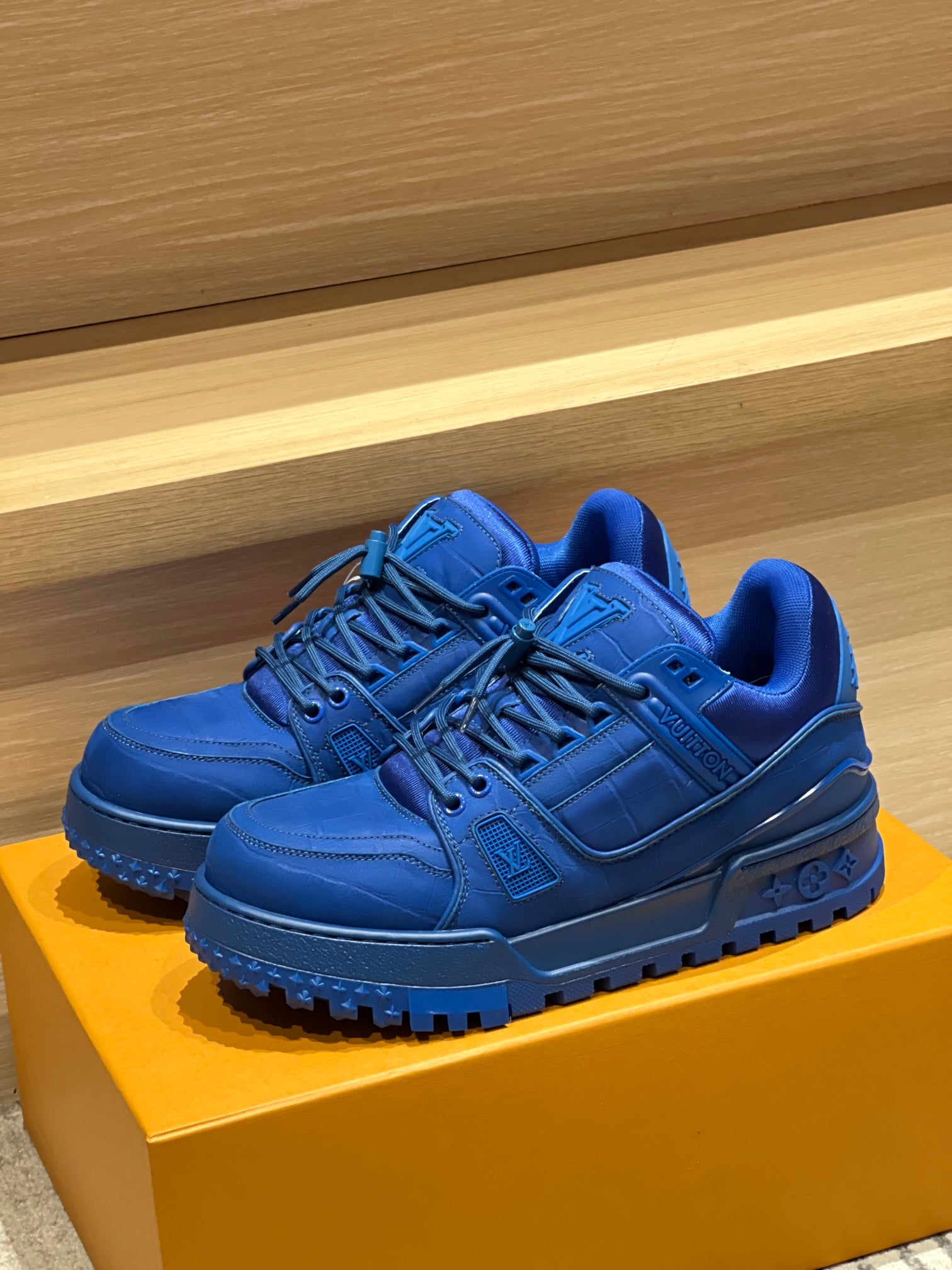 Louis Vuitton trainer shoes, blue leather lace-up with chunky outsole