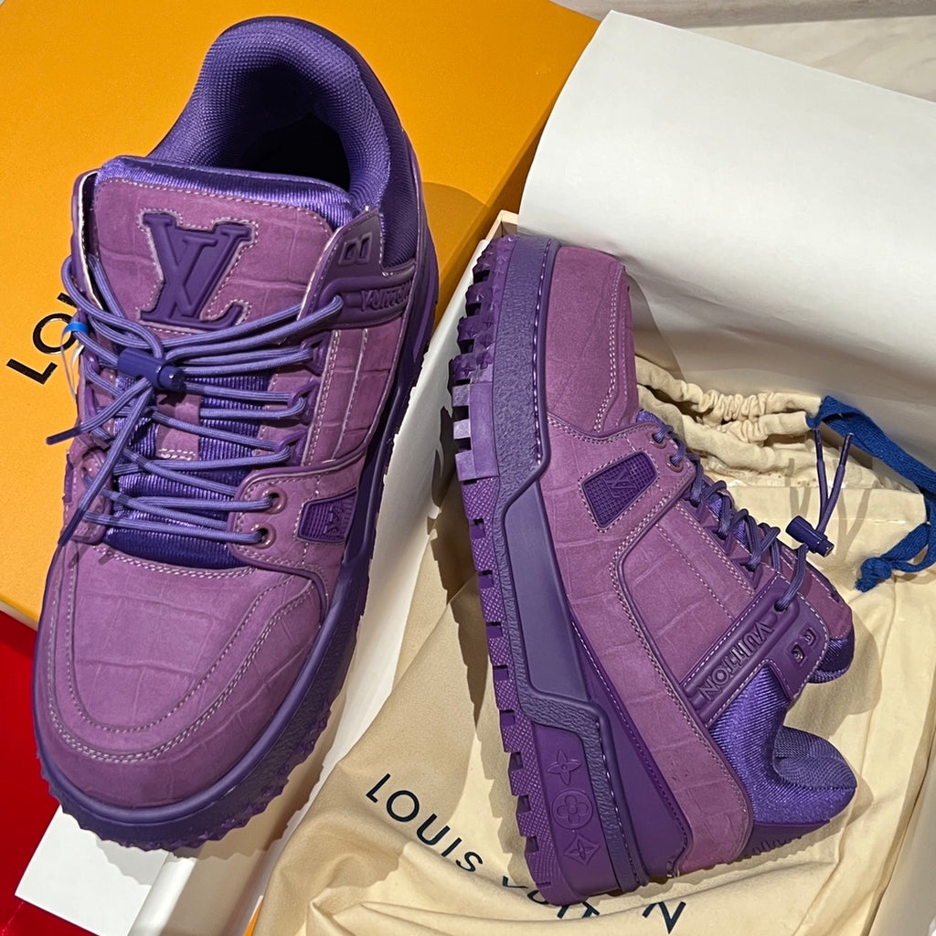 Purple Louis Vuitton trainer shoes shown from top and side, with lace-up and logo