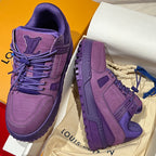 Purple Louis Vuitton trainer shoes shown from top and side, with lace-up and logo
