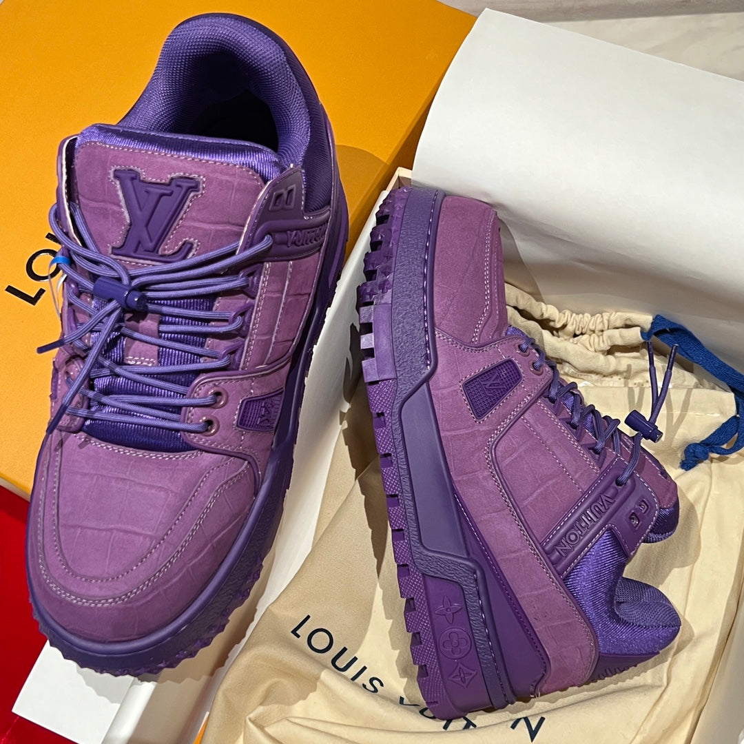 Purple Louis Vuitton trainer shoes shown from top and side, with lace-up and logo