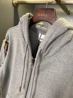 Heather gray zip-up hoodie with hood, front zipper, and Burberry neck label