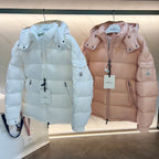 Long puffer jackets in light blue and pale pink, full-zip with hood